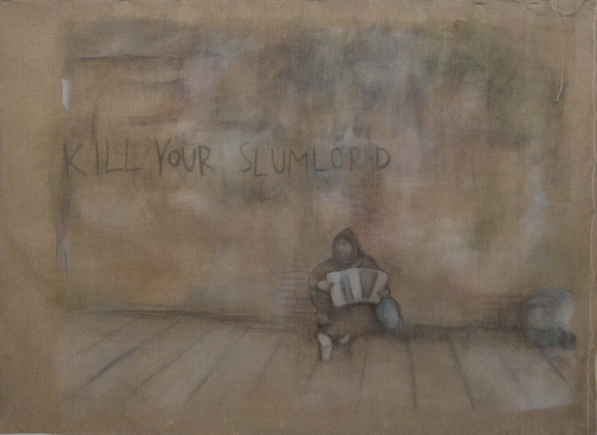 Kill Your Slumlord: 2016, oil on flax linen, 90cm x 180cm
